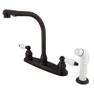 Kingston Brass GKB715 Water Saving Victorian High Arch Kitchen Faucet with Oak & Porcelain Lever Handles, Oil Rubbed Bronze Kitchen Faucet Kingston Brass